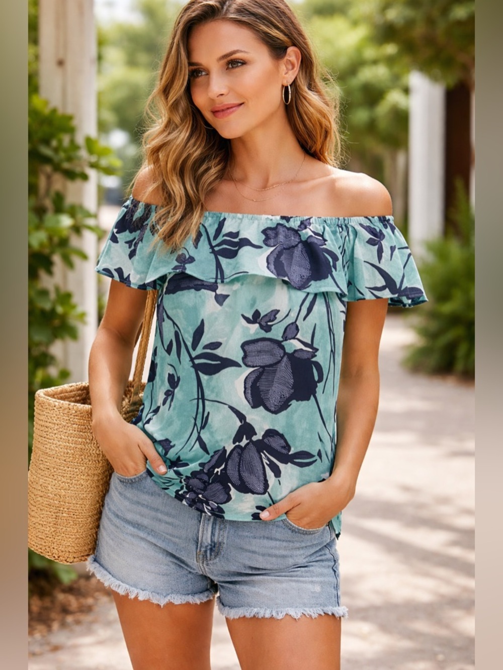 Anthropologie Maeve Islander Off Shoulder Top Blue Floral